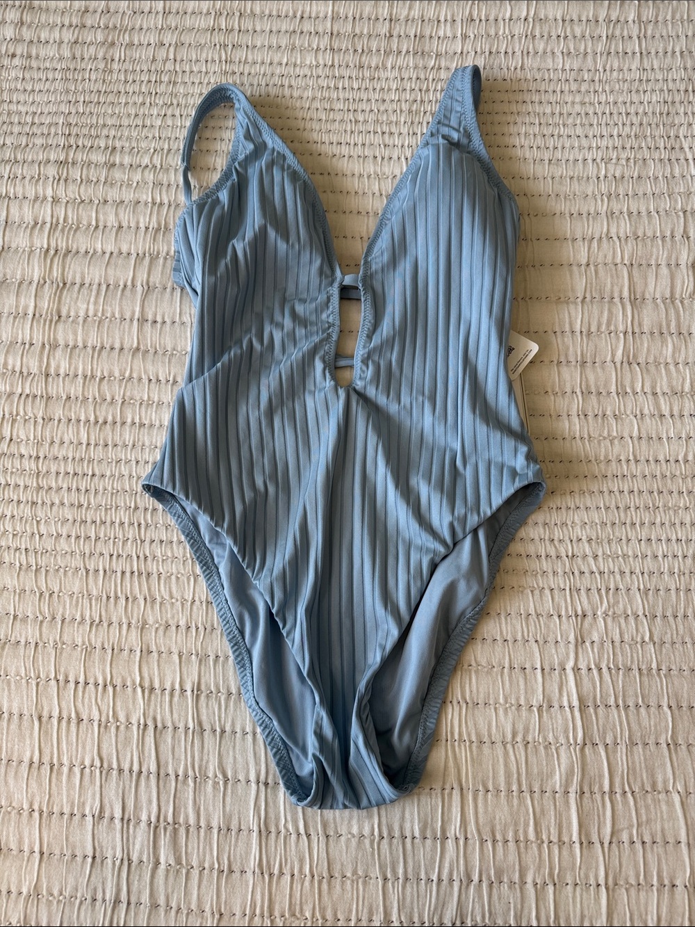 Sanctuary Dusty Blue Ribbed One-Piece Swimsuit with Front Cutout